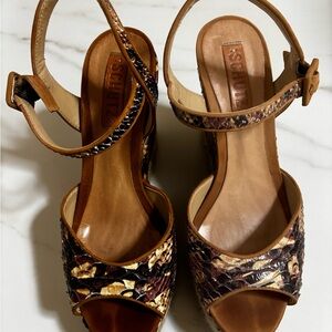 SCHUTZ Tan and Multi-Pattern Snake-Print Leather Heels